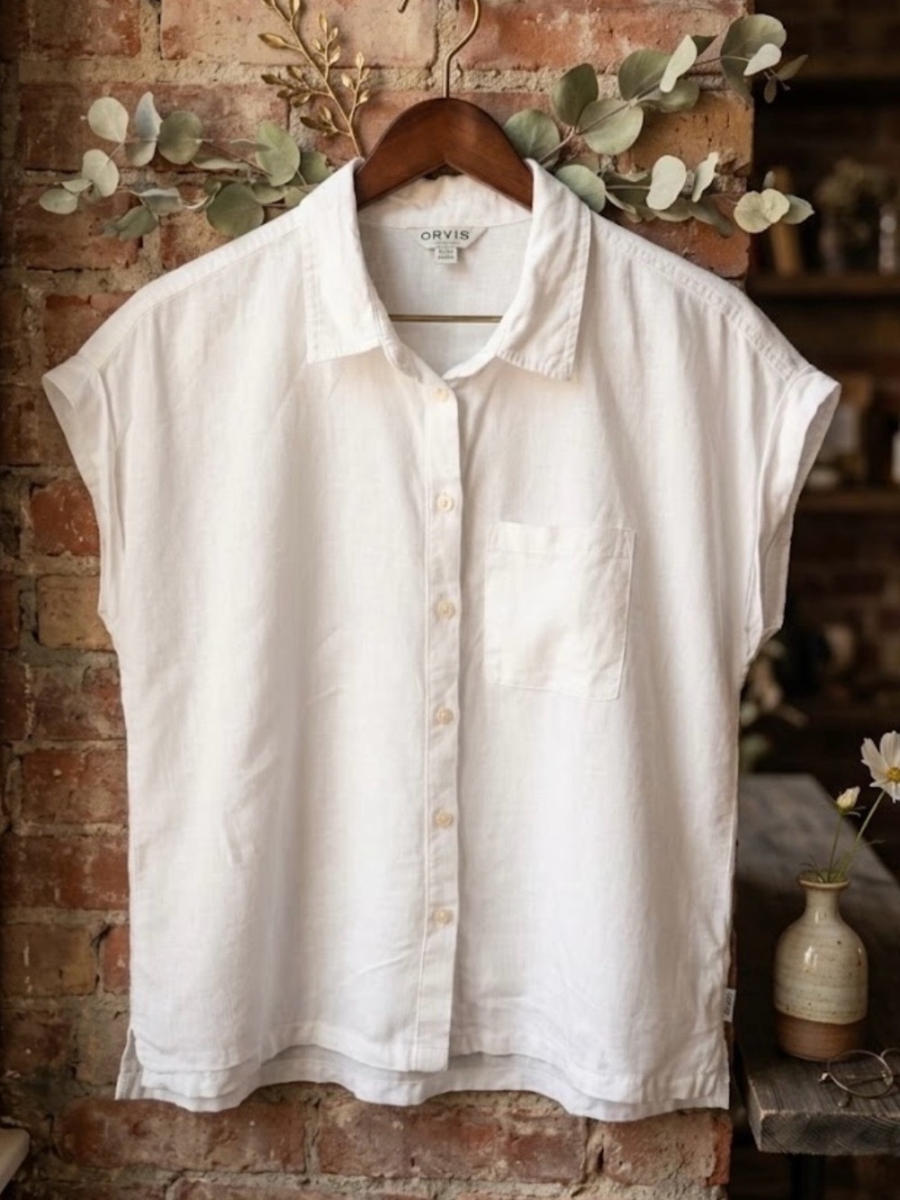 White Linen Blend Short Sleeve Button Down